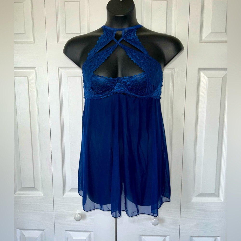Escanté navy blue lace babydoll thong set Sz 2X